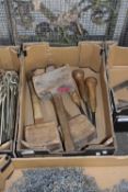 BOX OF VARIOUS WOODEN MALLETS AND OTHER TOOLS