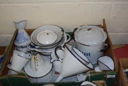 ONE BOX WHITE AND BLUE ENAMEL WARES TO INCLUDE A FLOUR BIN, COLANDERS, VINTAGE INHALER ETC