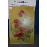 20TH CENTURY SCHOOL, STUDY OF POPPIES, OIL ON BOARD, UNFRAMED