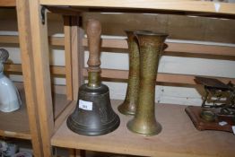PAIR OF INDIAN BRASS VASES TOGETHER WITH A HANDBELL WITH TURNED WOODEN HANDLE (3)