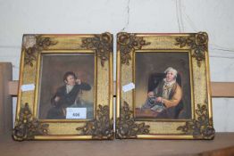 PAIR OF SMALL 19TH CENTURY WATERCOLOUR STUDIES, GENTLEMEN IN INTERIOR SCENES, SET IN FLORAL