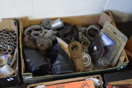 BOX OF MIXED PIPE ATTACHMENTS AND GARAGE CLEARANCE ITEMS
