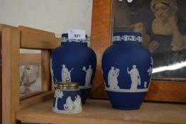 PAIR OF ADAMS BALUSTER FORMED JASPERWARE VASES TOGETHER WITH A FURTHER SMALL JASPERWARE MUSTARD