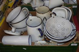 ONE BOX VARIOUS WHITE AND BLUE ENAMEL KITCHEN WARES AND OTHER ITEMS