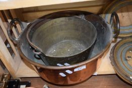 BRASS JAM PAN AND A COPPER TWO-HANDLED PAN