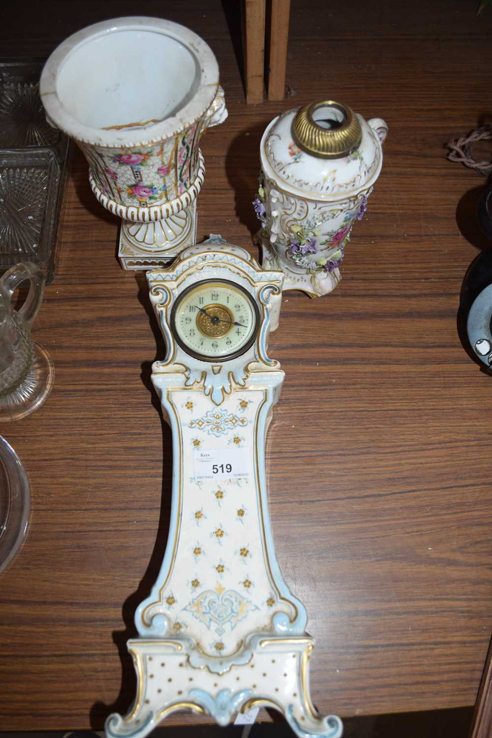 CONTINENTAL PORCELAIN OIL LAMP BASE WITH BLUE CROSSED SWORDS MARK, HEAVILY DAMAGED, TOGETHER WITH