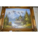 CONTEMPORARY SCHOOL STUDY OF A LAKE SCENE, OIL ON CANVAS, GILT FRAMED