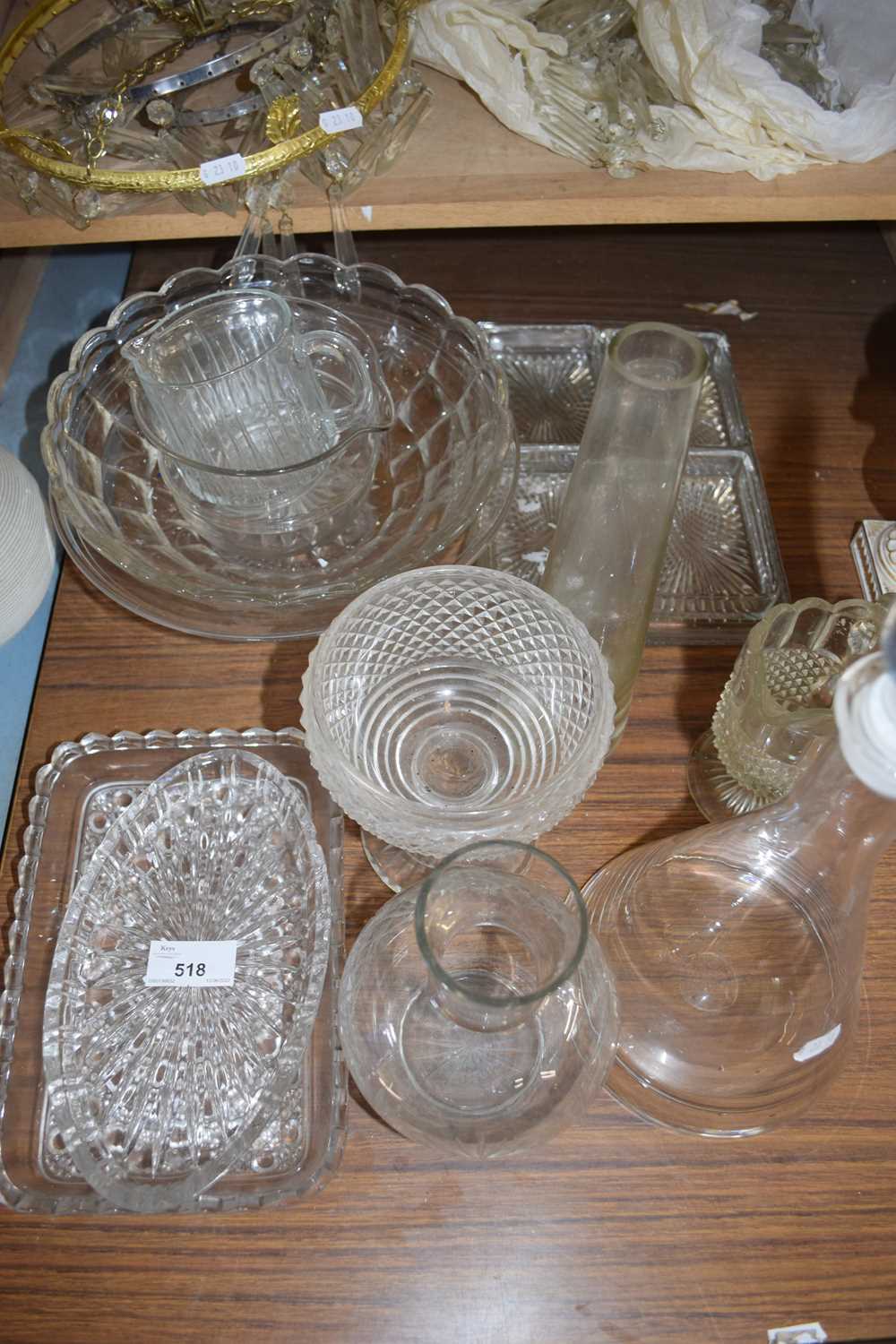 MIXED GLASS DISHES, DECANTERS, VASES ETC