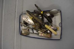 VARIOUS SILVER PLATED CUTLERY TO INCLUDE A PAIR OF PORCELAIN HANDLED SALAD TONGS