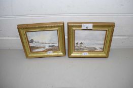 20TH CENTURY SCHOOL, PAIR OF SMALL WATERCOLOURS, COASTAL SCENES, INDISTINCTLY SIGNED, POSSIBLY