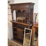 LATE 19TH CENTURY GOTHIC REVIVAL SMALL OAK DRESSER WITH PANELLED AND CARVED TOP SECTION WITIH