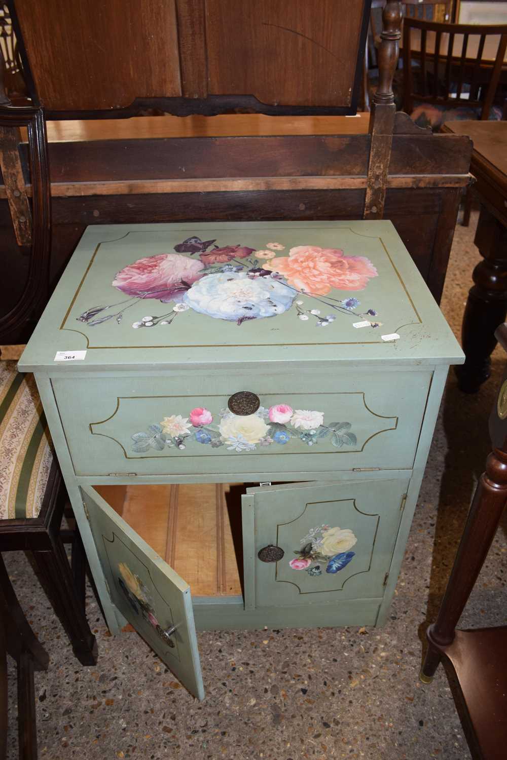 SMALL THREE DOOR CABINET WITH APPLIED FLORAL DECORATION