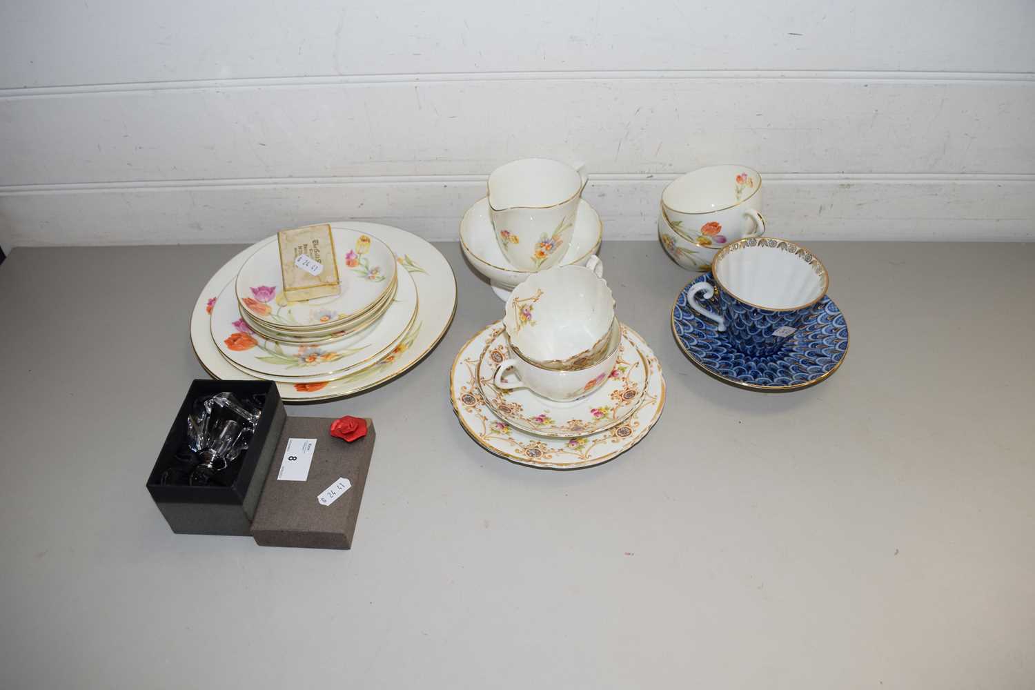 VARIOUS MIXED TEA WARES, COSTUME JEWELLERY BROOCH, BOXED MODERN PERFUME BOTTLE