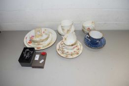 VARIOUS MIXED TEA WARES, COSTUME JEWELLERY BROOCH, BOXED MODERN PERFUME BOTTLE