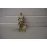 19TH CENTURY PEARLWARE FIGURE OF A LADY STANDING BEFORE A COLUMN (A/F)