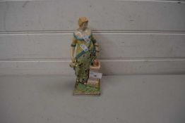 19TH CENTURY PEARLWARE FIGURE OF A LADY STANDING BEFORE A COLUMN (A/F)