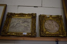 PAIR OF COMPOSITION SIMULATED MARBLE CLASSICAL PLAQUES, ONE DECORATED WITH CHERUBS, THE OTHER WITH A