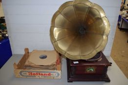 VINTAGE GRAMOPHONE WITH BRASS HORN AND QUANTITY OF RECORDS
