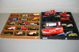 TWO DISPLAY CASES CONTAINING A RANGE OF TOY VANS, FIRE ENGINE ETC