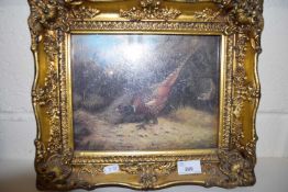 REPRODUCTION STUDY OF A PAIR OF PHEASANTS IN WOODLAND SETTING, IN A GILT FRAME, CARVERS & GILDERS