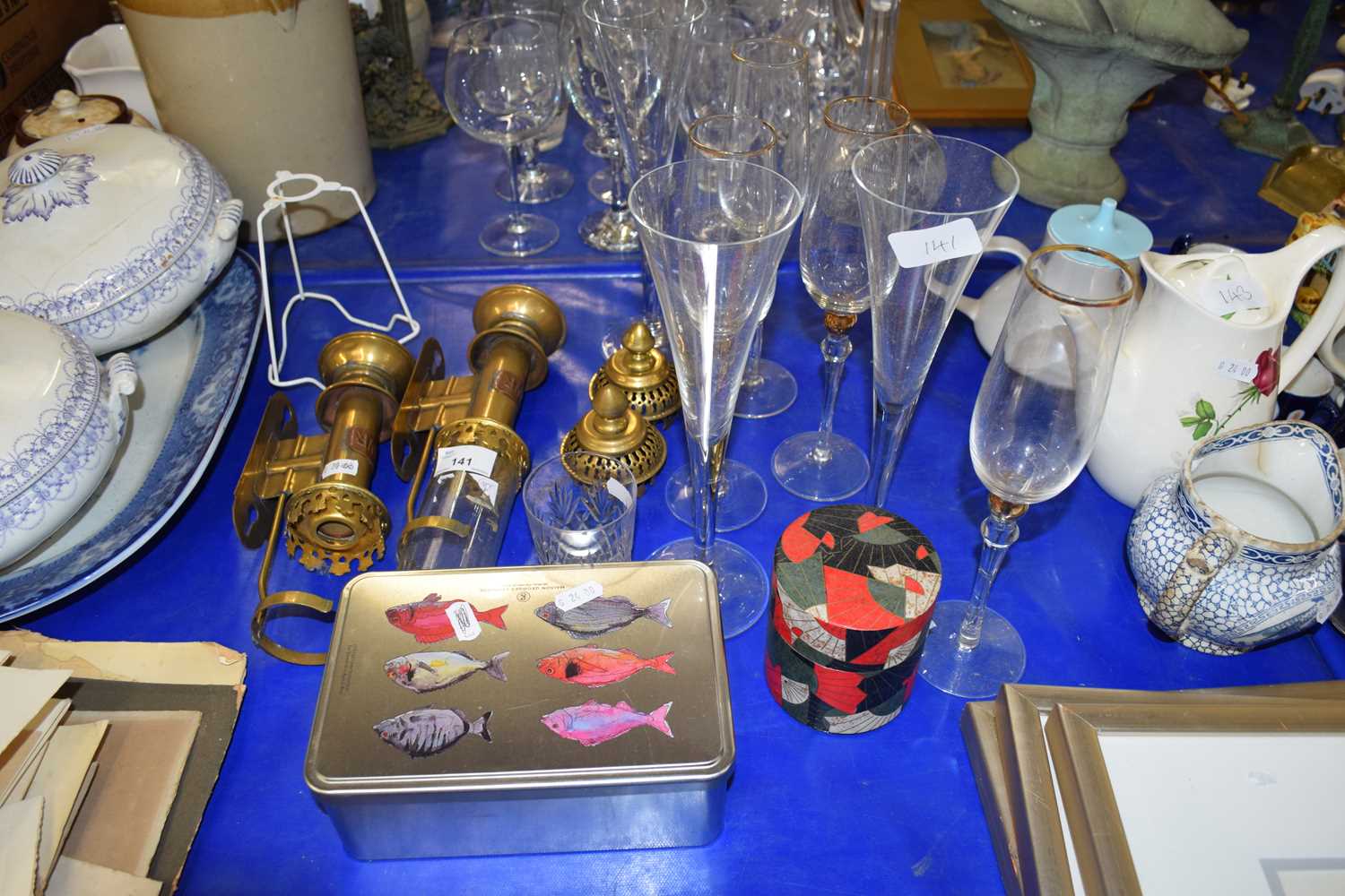 GLASS WALL MOUNTED CANDLE HOLDERS, VARIOUS DRINKING GLASSES ETC