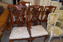 SET OF SIX REPRODUCTION CABRIOLE LEGGED DINING CHAIRS WITH FLORAL UPHOLSTERED SEATS