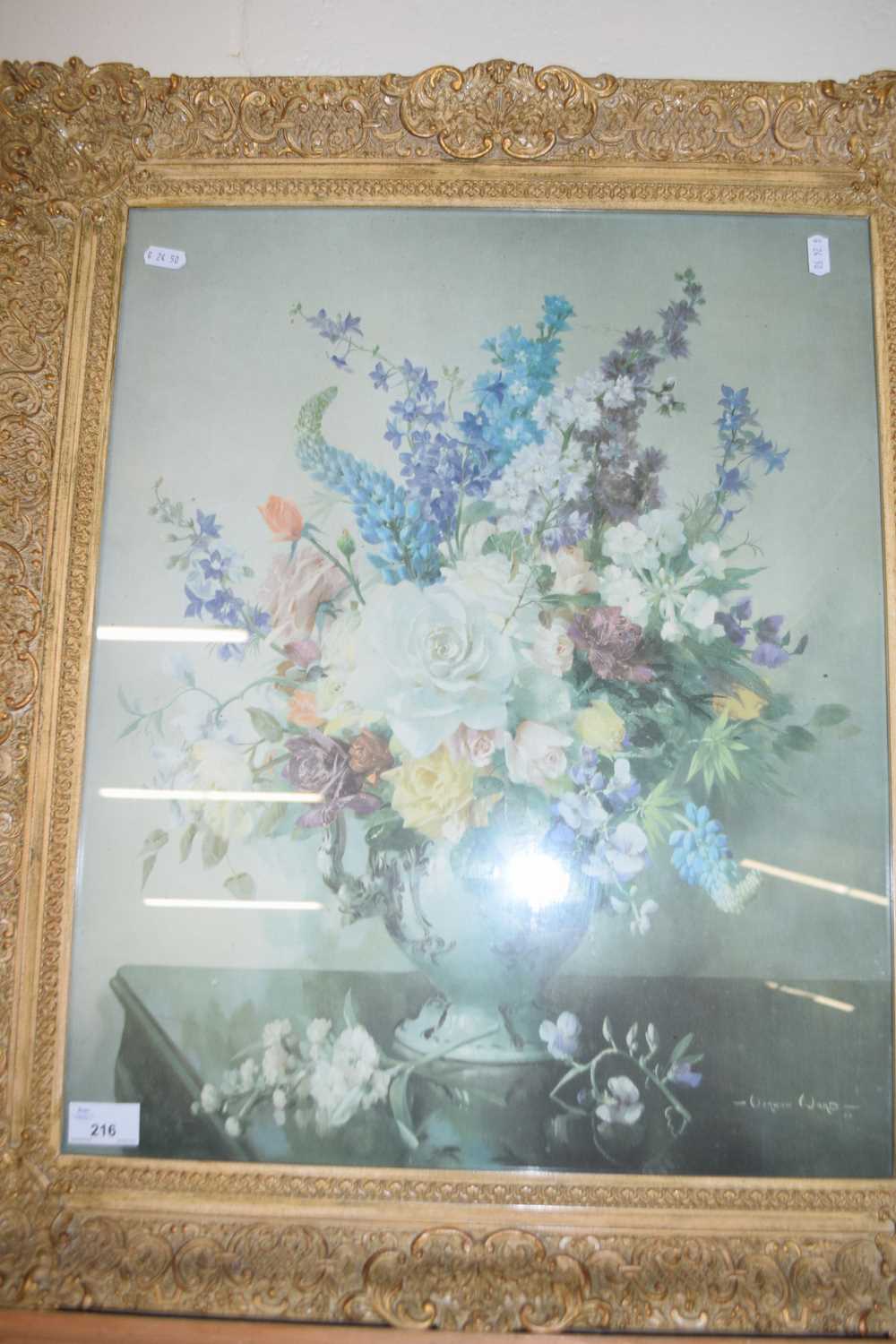 AFTER VERNON WARD, COLOURED PRINT, VASE OF FLOWERS, GILT FRAMED