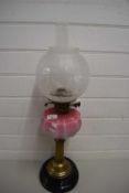 VICTORIAN OIL LAMP WITH PINK OPAQUE GLASS FONT