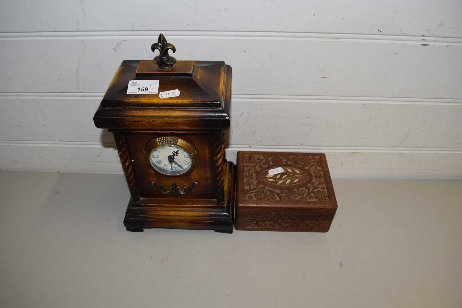 MANTEL CLOCK AND A SMALL CARVED WOODEN BOX