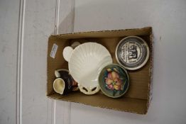 SMALL MOORCROFT PIN DISH, SMALL BELLEEK SHELL FORMED DISH AND OTHER ITEMS
