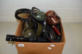 BOX OF MIXED ITEMS TO INCLUDE EAR DEFENDERS FOR SHOOTING, A TASCO RIFLE SIGHT, VARIOUS SUNGLASSES,