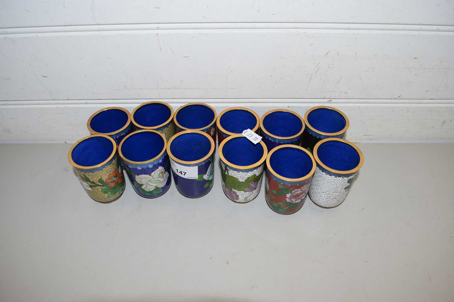 COLLECTION OF 12 MODERN CHINESE CLOISONNE SMALL VASES WITH STANDS