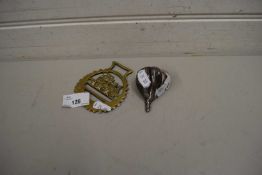 HORSE BRASS AND A SMALL SILVER MOUNTED PAPERWEIGHT