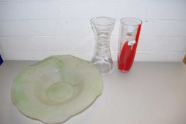 FROSTED GLASS BOWL AND TWO ART GLASS VASES