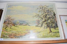 CONTINENTAL SCHOOL, COLOURED PRINT, VILLAGE ORCHARD SCENE