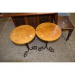 PAIR OF MODERN WINE TABLES WITH CIRCULAR TOPS AND BRONZED METAL BASES