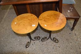 PAIR OF MODERN WINE TABLES WITH CIRCULAR TOPS AND BRONZED METAL BASES