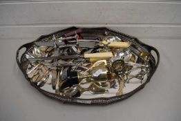 GALLERIED SERVING TRAY CONTAINING VARIOUS SILVER PLATED CUTLERY, SMALL TROPHY, NAPKIN RINGS ETC