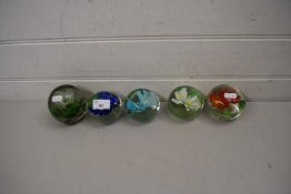 FIVE 20TH CENTURY CHINESE FLORAL DECORATED PAPERWEIGHTS