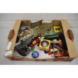 BOX OF MIXED ITEMS TO INCLUDE DINKY DIE-CAST MODEL PLANE, SMALL CANDLESTICK, CORKSCREWS AND OTHER