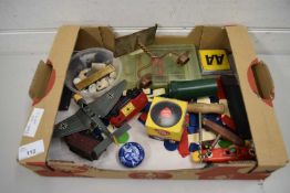 BOX OF MIXED ITEMS TO INCLUDE DINKY DIE-CAST MODEL PLANE, SMALL CANDLESTICK, CORKSCREWS AND OTHER