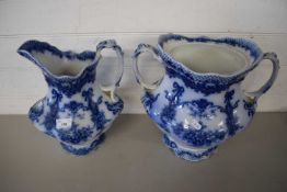 VICTORIAN BLUE AND WHITE WASH JUG TOGETHER WITH A SIMILAR DOUBLE HANDLED CONTAINER (2)