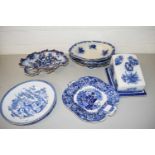 VARIOUS BLUE AND WHITE CERAMICS TO INCLUDE WEDGE FORMED CHEESE DISH, DECORATED PLATES ETC