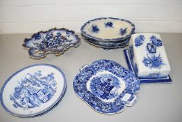 VARIOUS BLUE AND WHITE CERAMICS TO INCLUDE WEDGE FORMED CHEESE DISH, DECORATED PLATES ETC
