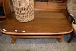 NEW ZEALAND RIMU WOOD COFFEE TABLE WITH SMOKED GLASS COVER AND GLASS LOWER SHELF , 138CM WIDE