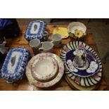 BLUE AND WHITE COVERED VEGETABLE DISHES, VARIOUS BOWLS, MUGS ETC