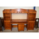 MODERN STAINED PINE FOUR SECTION COMPUTER WORK STATION WITH DRAWERS AND CUPBOARD DOORS