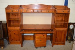 MODERN STAINED PINE FOUR SECTION COMPUTER WORK STATION WITH DRAWERS AND CUPBOARD DOORS