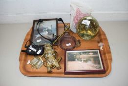 TRAY OF MIXED ITEMS TO INCLUDE BRASS TOASTING FORK, SMALL PICTURES, LARGE CLEAR GLASS PAPERWEIGHT