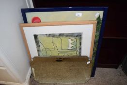 CHILD'S ABSTRACT STUDY OF A MOONLIT SCENE, A COLOURED PRINT AND A BEVELLED WALL MIRROR (3)